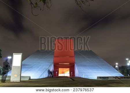 Sao Paulo, Brazil. June 02, 2017: Night View Of Facade Of The Ibirapuera Auditorium (portuguese: Aud