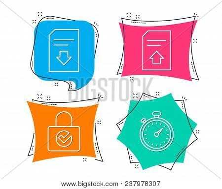 Set Of Password Encryption, Upload File And Download File Icons. Timer Sign. Protection Locker, Load