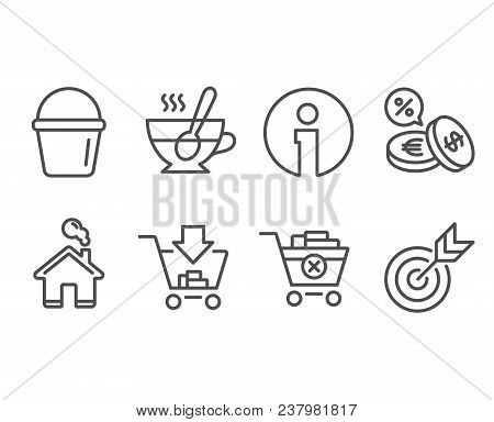 Set Of Bucket, Shopping And Remove Purchase Icons. Currency Exchange, Tea Cup And Target Signs. Wash