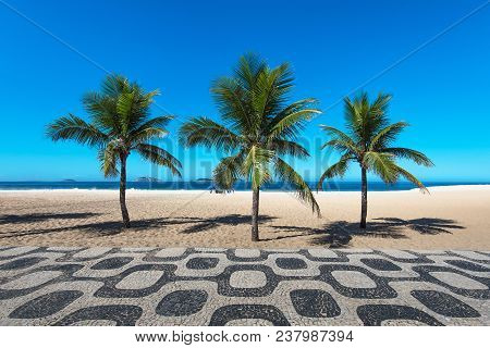 Famous Ipanema Mosaic Sidewalk With Palm Trees In The Beach, In Rio De Janeiro, Brazil