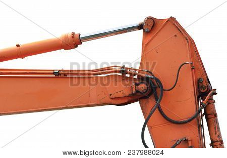 Old Generic Excavator Dipper Boom Bucket Ram Horizontal Closeup, Isolated Aged Weathered Orange Yell