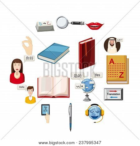 Translator Profession Tools Set. Cartoon Illustration Of 16 Translator Profession Vector Icons For W