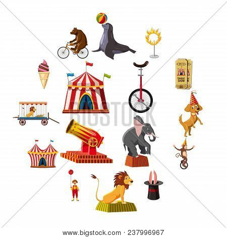Circus Symbols Icons Set. Cartoon Illustration Of 16 Circus Symbols Vector Icons For Web