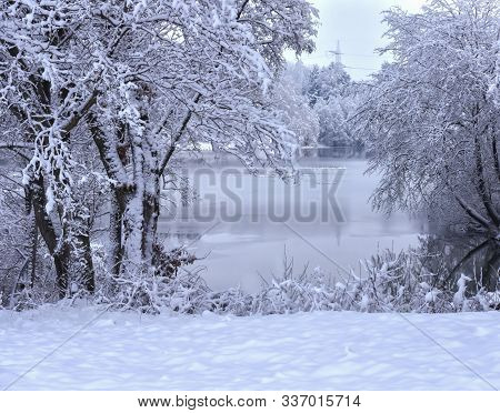 Trees Completely Covered With Snow On The Shore Of A Mirror-matte Lake. Fabulous Winter Day. Winter 