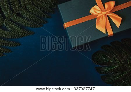 A Gift Box And Leaves Of Fern And Monstera On Dark Blue Background Flat Lay Top View