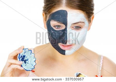 Girl Black Mask On Half Face Apply White Mud