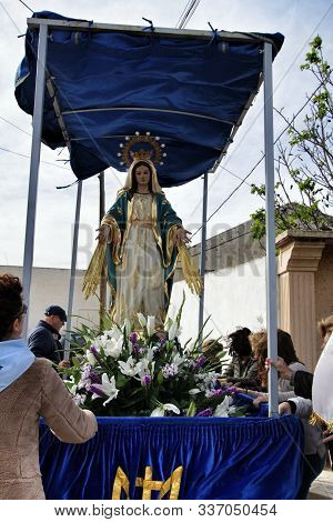 Orihuela, Spain- November 24, 2019: Parishioners Carrying The Beautiful And Old Virgin Of The Miracl