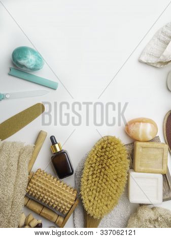 Zero Waste Concept. Eco-friendly Bath Set. Brushes, Soap, Serum, Towel, Stones, Massage Tools, Nailf