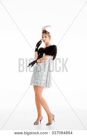Pompous Woman In Black Gloves Looking At Camera Isolated On White