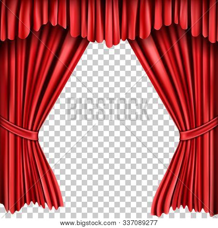 Open Red Silk Fabric Curtains, Realistic Vector Illustration. Velvet Drapery For Theatrical Stage, P
