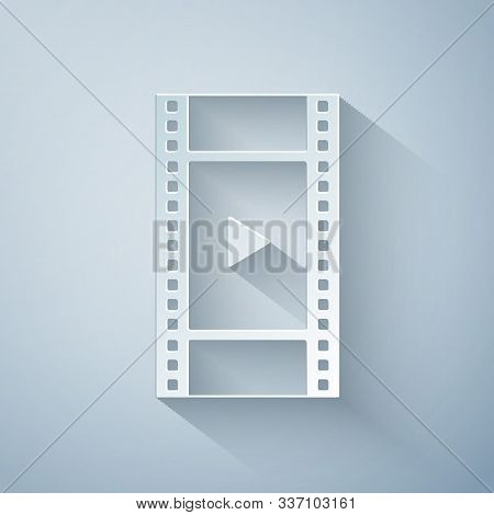 Paper Cut Play Video Icon Isolated On Grey Background. Film Strip With Play Sign. Paper Art Style. V