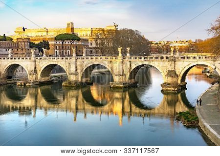 Bernini Angels Ponte Bridge Saint Angelo Tiber River Reflection Rome Italy. Gian Lorenzo Bernini Fam
