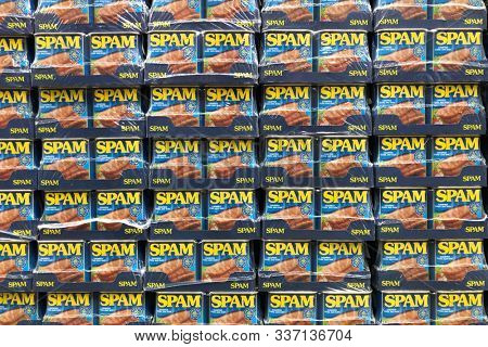 TINS OF SPAM PORK LUNCHEON MEAT, LONDON â JULY 06 2019, Tins or cans of Spam pork luncheon meat, concept photo for unwanted spam email, London, England, Europe