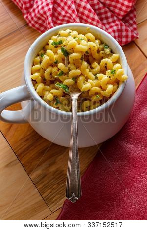 Delicious Macaroni And Cheddar Cheese Cellentani Pasta In A Bowl