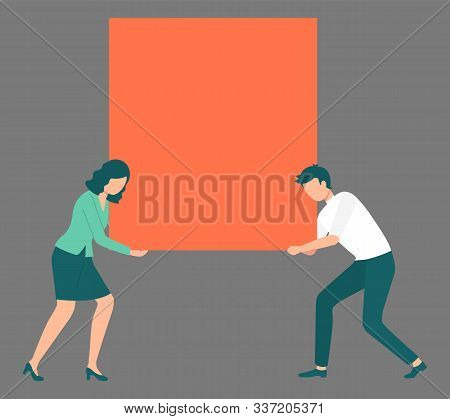 People Holding Red Square Blank, Transparent Banner With Space Empty Place For Additional Info. Man 