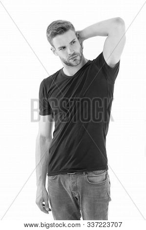 Sweating Problem. Effective Antiperspirant. Man Confident In His Antiperspirant. Guy Checks Dry Armp