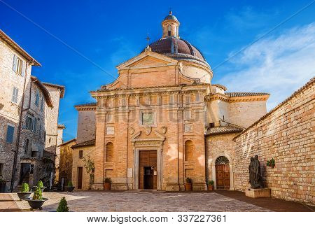 ASSISI, ITALY - OCTOBER 23: Chiesa Nuova (New Church) in Assisi, built in 1615 on the site of St. Francis's home October 23, 2019 in Assisi, Italy