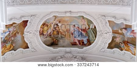 WEINGARTEN, GERMANY - JULY 12, 2018: Annunciation to Mary, fresco by Cosmas Damian Asam in the Basilica of St. Martin and Oswald in Weingarten, Germany