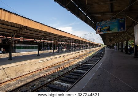 Colombo, Sri Lanka - November 19, 2019: View Of The Tracks At Colombo Fort Railway Station, A Train 