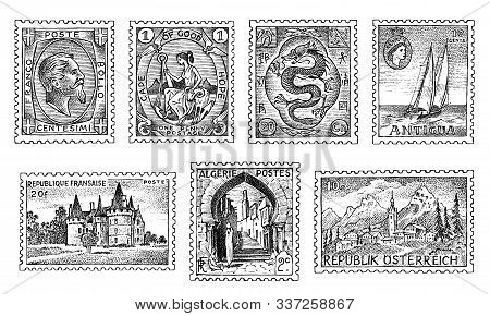 Vintage Postage Stamps Set. Ancient Landscapes, Dragon And Sailing Ship. Retro Old Sketch. Monochrom