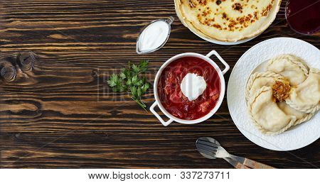 The Concept Of Eastern European National Cuisine. Ukrainian, Russian, Polish Food.traditional Beetro