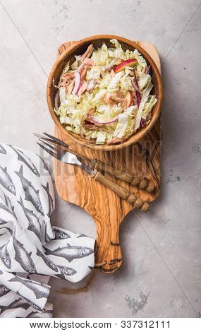 Tuna Salad. Healthy Vegan Diet Salad With Fresh Vegetables - Chinese Cabbage, Tuna, Apple .vegan Foo