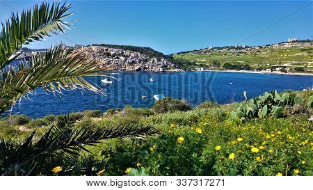 Mistra, A Beautiful Bay With Boats Ands Ships Between Xemxija And Mellieha, On The West Coast Of Mal