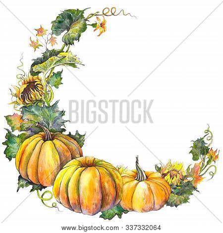 Watercolor Wreath Witn Pumpkins, Sunflowers And Leaves. Isolated Illustration On White Background.