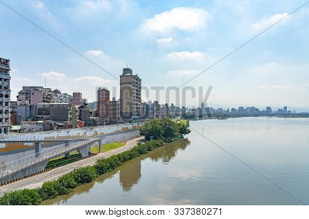 Scenery Of Tamsui River Bank, View On Taipei Bridge, A Bridge Link New Taipei City To Taipei City, T