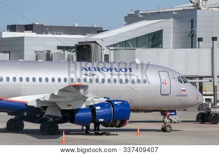 Close-up Of A Plane Of The Russian Airline Aeroflot At The Airport For Preflight Service. Side View.