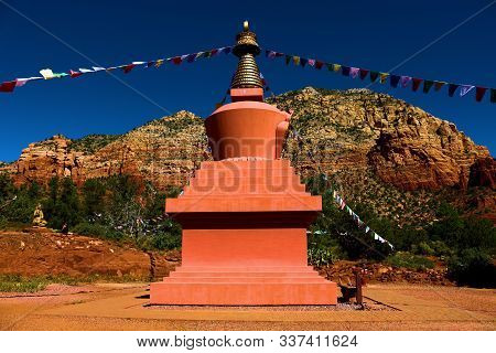 October 17, 2019 In Sedona, Az:  Tibetan Prayer Flags Surrounding The Amitabha Stupa At The Sedona, 