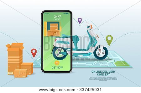 Online Order And Delivery By Scooter Concept With Brown Cardboard Boxes And Map Locator Alongside An
