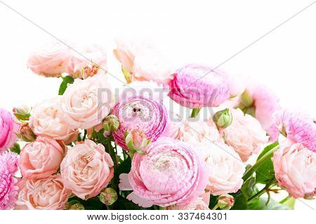 Rose And Rununculus Flowers Border Bouquet Isolated On White Background