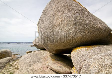 Scenic Formation Of Big Round Rocks On Atlantic Shore. Arousa Island, Pontevedra, Spain
