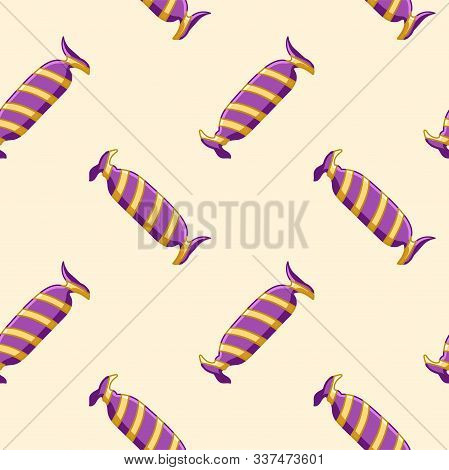 Candies In Striped Wrapper Seamless Pattern On Beige Background