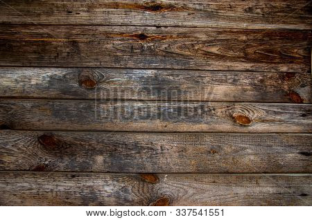 Old Pine Horizontal Boards. The Wood Texture Is Brown-gray With Rings From Knots And Scuffs. Abstrac