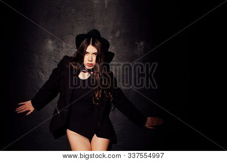 Sexy Girl In Underwear And Jacket Is Black Wall