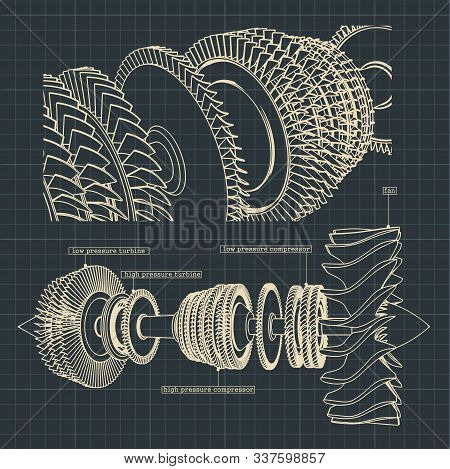 Stylized Vector Illustration Of Drawings Of A Jet Engine Compressor