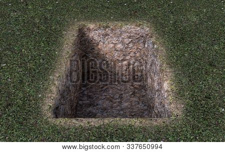 An Open Empty Grave Dug Out Of A Field Of Green Grass  - 3d Render