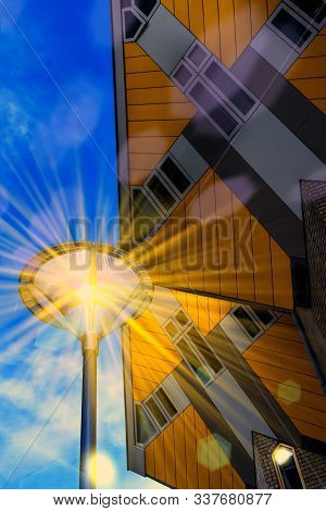 Roterrdam - Black,  The Netherlands - December 01, 2019: View From  Below On The Famous Cube House D