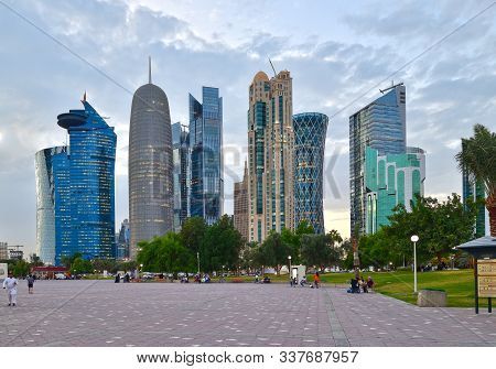 Doha, Qatar - Nov 18. 2019. View Of Downtown Skyscrapers From Sheraton Park Al Dafna Park
