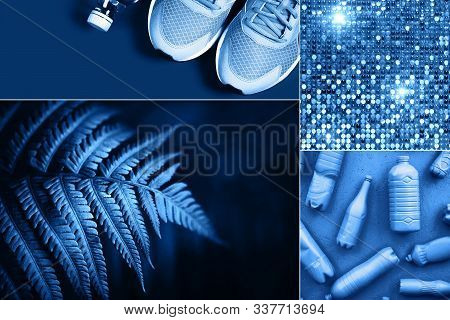 Creative Collage With Blue Color, Ispired By Color Of The Year 2020.