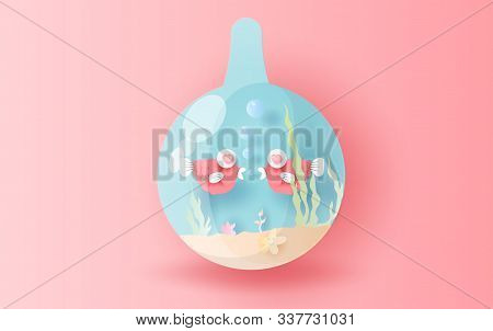 3d Paper Art And Craft Style Of Fishes Sweet Love Underwater In Circle Glass Aquarium,isolated Paste