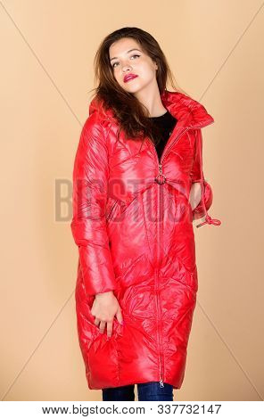 She Got Great Style. Woman In Padded Warm Coat. Happy Winter Holidays. Xmas. Flu And Cold. Seasonal 