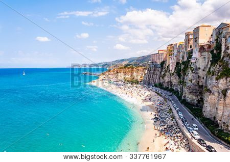 Tropea, Calabria, Italy - September 07, 2019: Rotonda Beach Full Of People. Amazing Italian Beaches.