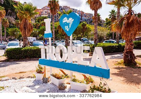 Tropea, Calabria, Italy - September 07, 2019: Outdoor Decorated Street Sigh That Says I Love Tropea 