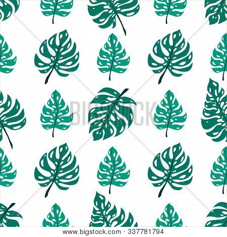 Seamless Pattern Of Neo Mint Leaves Monstera. Tropical Leaves Of Palm Tree. Vector Background. Beaut