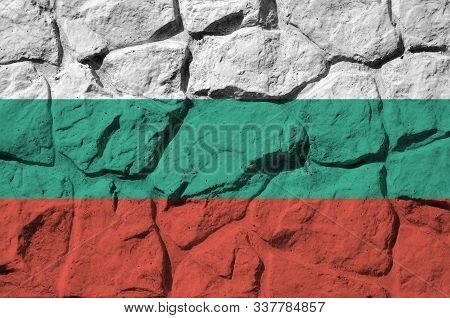 Bulgaria Flag Depicted In Paint Colors On Old Stone Wall Closeup. Textured Banner On Rock Wall Backg