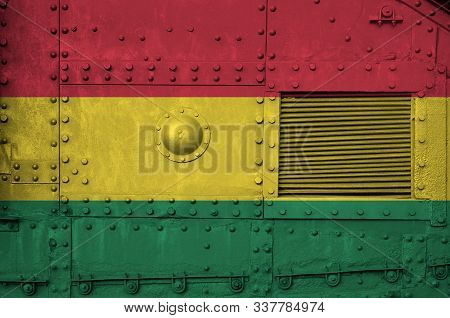 Bolivia Flag Depicted On Side Part Of Military Armored Tank Closeup. Army Forces Conceptual Backgrou