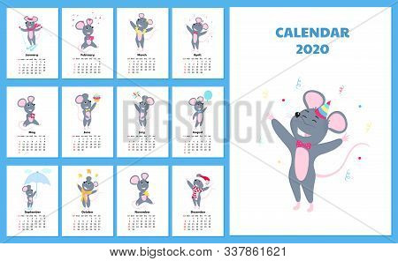 Calendar For 2020 From Sunday To Saturday. Cute Rats In Different Costumes. The Symbol Of The Chines